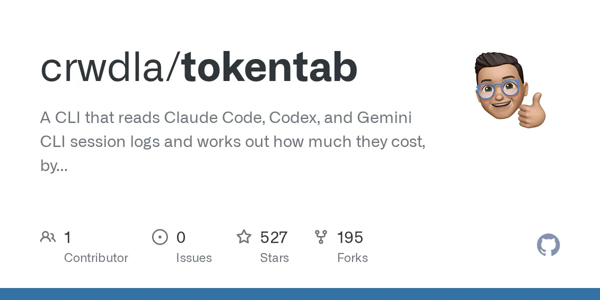 tokentab tallies up your terminal AI tool spend from local logs