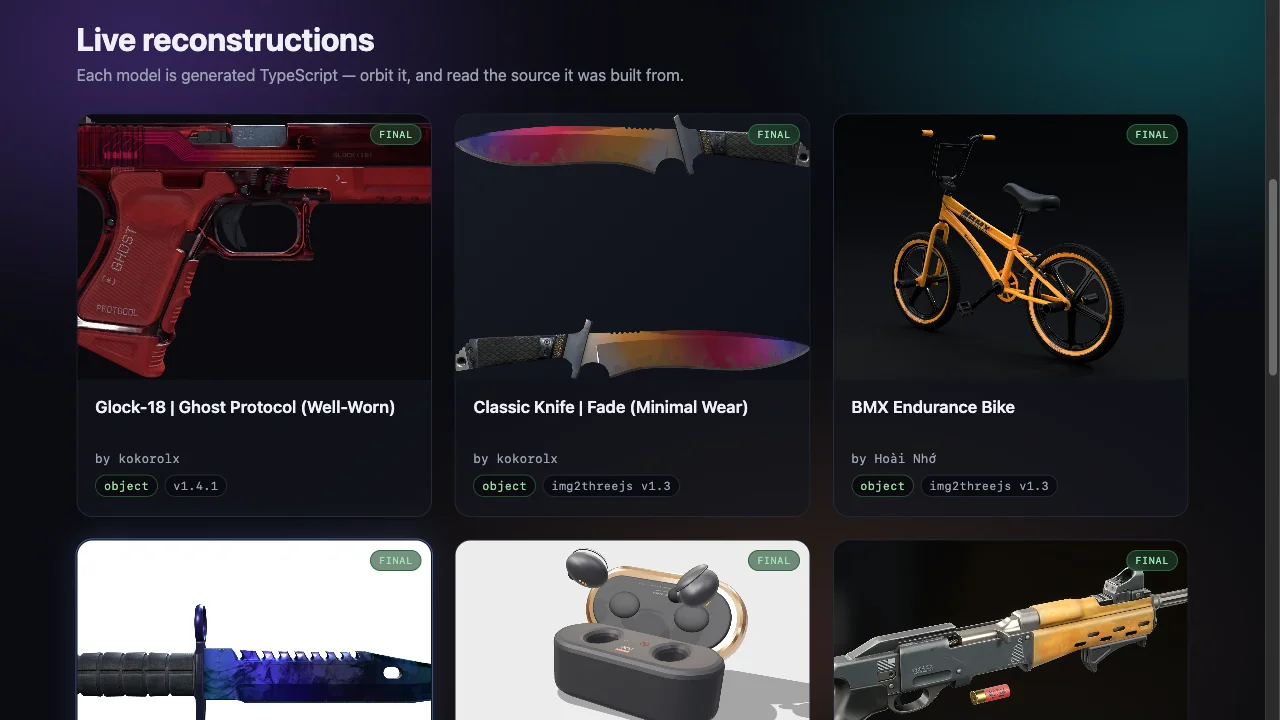 The live demo gallery: a Glock-18, a Fade knife, and a BMX bike, all rebuilt in code